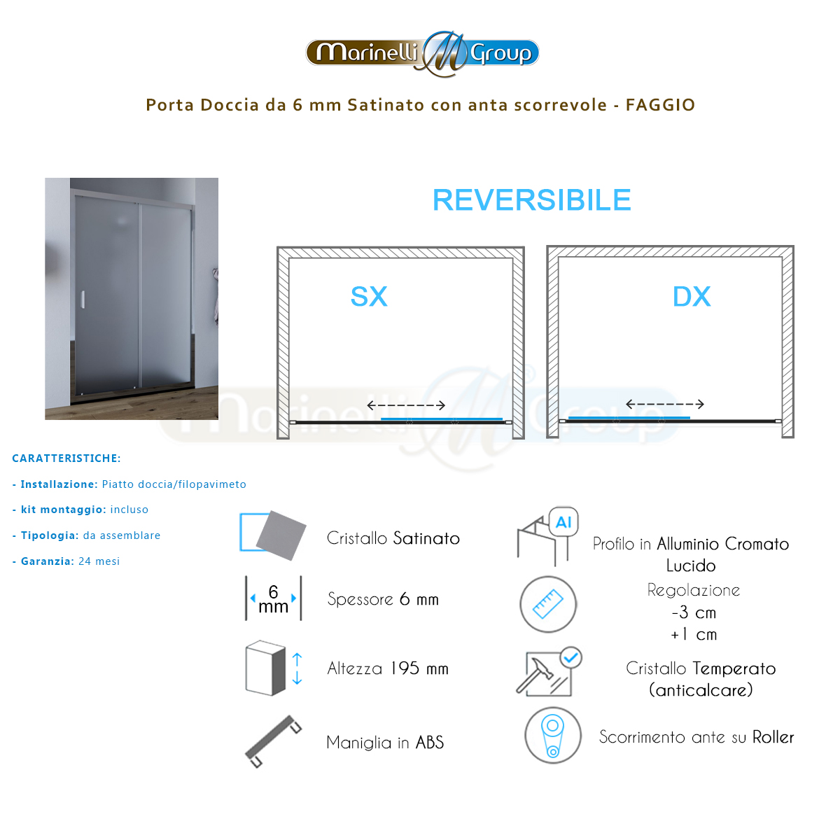 Porta doccia scorrevole 140 cm satinata Faggio Porta doccia scorrevole 140 cm satinata Faggio - immagine 2